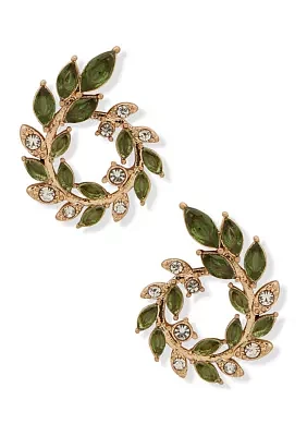 Gold Tone Green Open Leaf Wreath Earrings