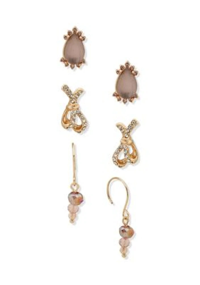 Gold Tone Burgundy Stone Trio Earrings Set