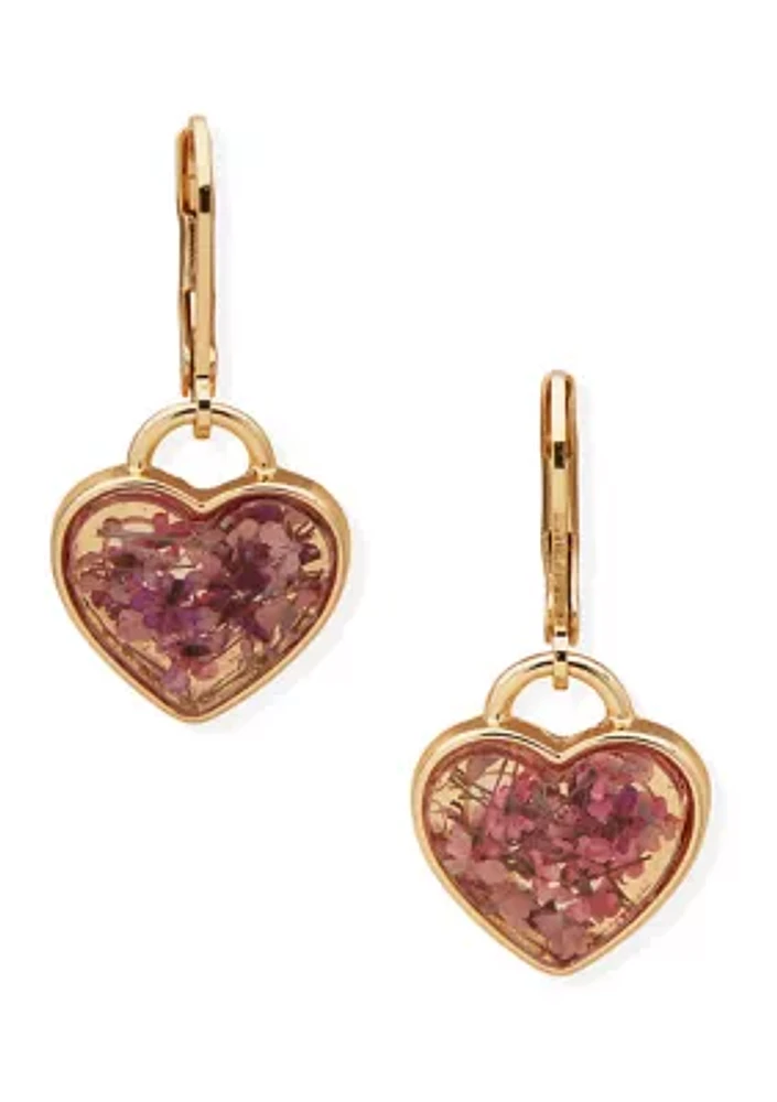 Gold Tone Pink Heart Drop Earrings