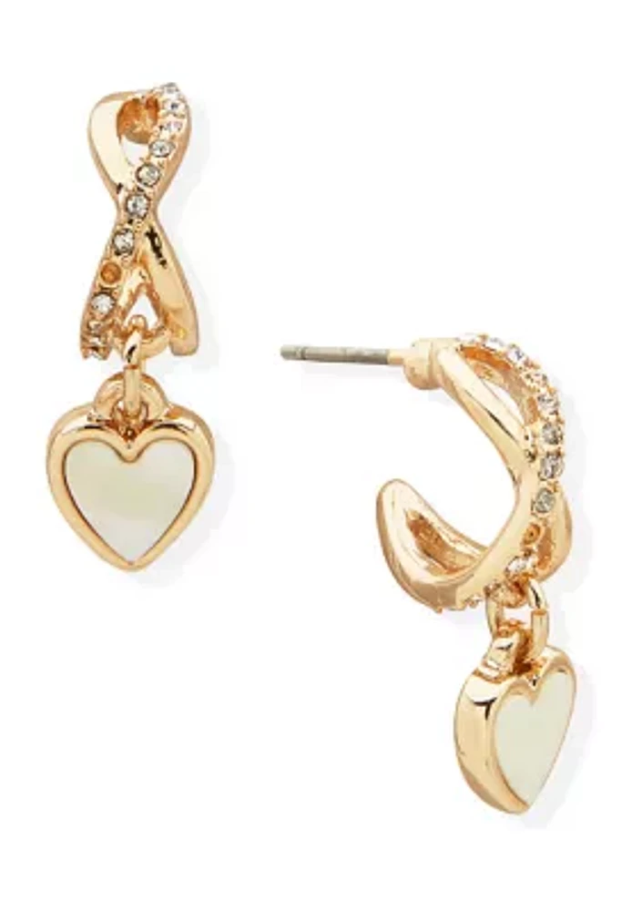 Gold Tone White Pavé Hoop Heart Drop Earrings