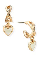 Gold Tone White Pavé Hoop Heart Drop Earrings