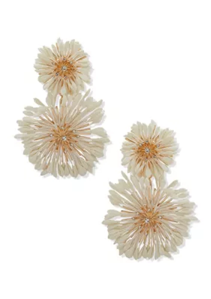 Gold Tone Ivory Large Post Flower Drop Earrings