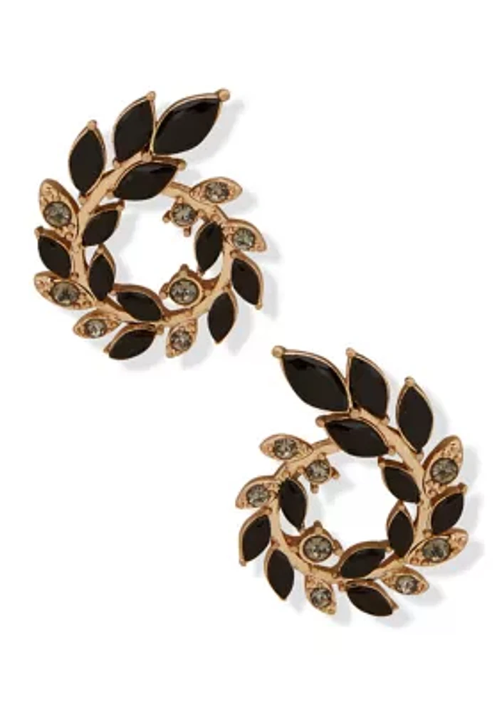 Gold Tone Black Open Leaf Wreath Post Earrings