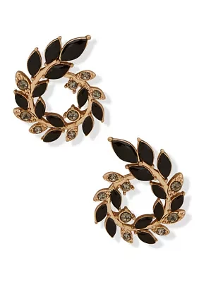 Gold Tone Black Open Leaf Wreath Post Earrings