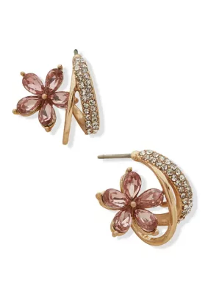 Gold Tone Pink Stone Flower C Hoop Earrings