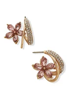 Gold Tone Pink Stone Flower C Hoop Earrings