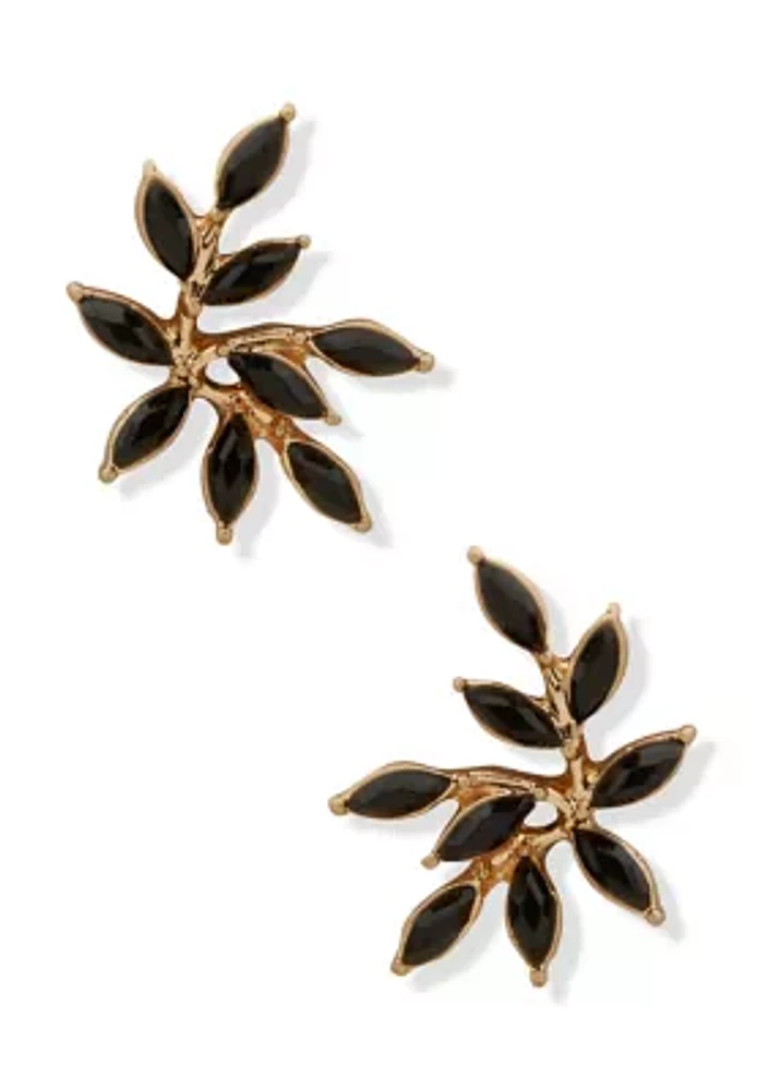 Gold Tone Black Stone Leaf Stud Earrings