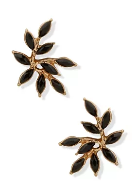 Gold Tone Black Stone Leaf Stud Earrings