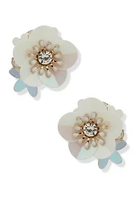 Gold Tone White Flower Cluster Stud Earrings