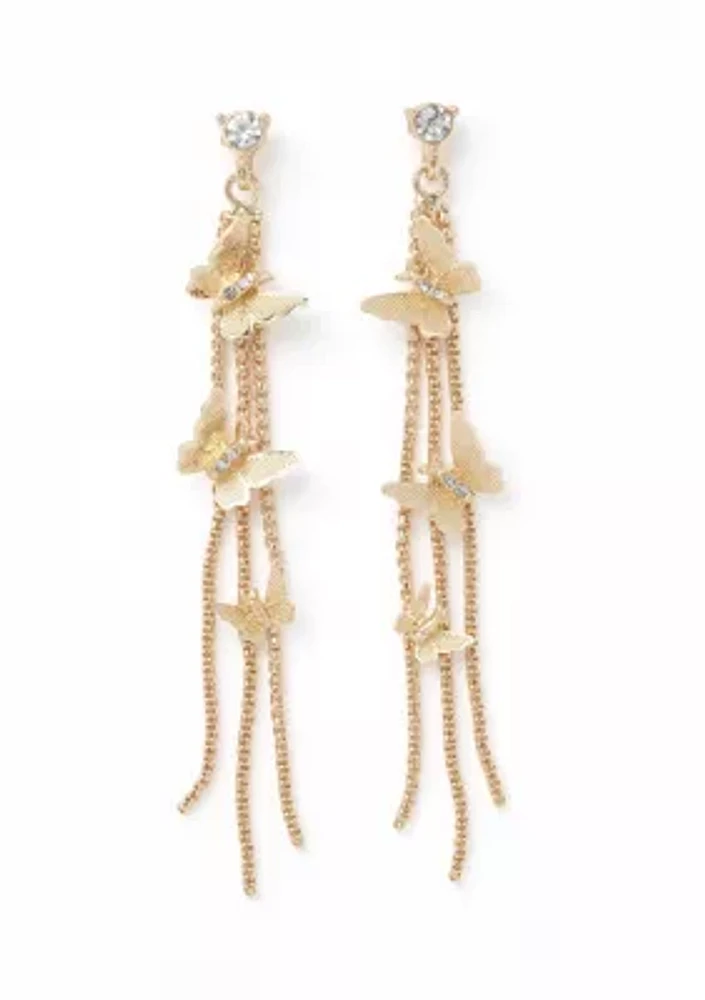 Gold Tone Butterfly Chain Tassel Linear Earrings