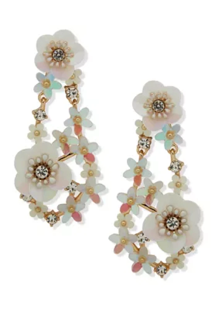 Gold Tone White Flower Chandelier Earrings