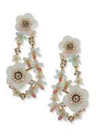 Gold Tone White Flower Chandelier Earrings