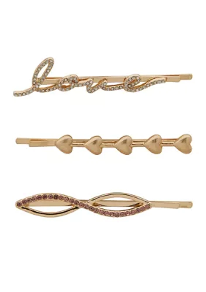 Gold Tone Crystal Heart Bobby Pins - Set of 3