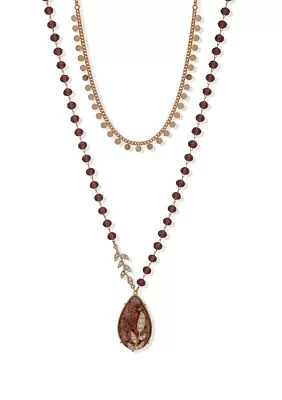 Gold Tone 16" Burgundy Multirow Beaded Pendant Necklace