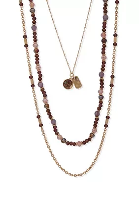 Gold Tone Burgundy 3 Row Long Beaded Pendant Necklace