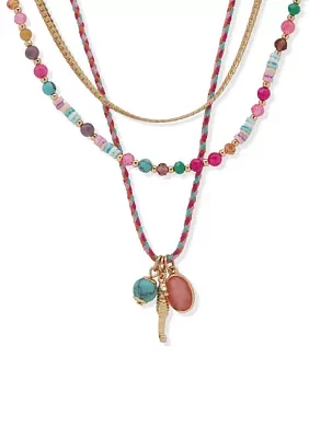 Gold Tone 16'' Multicolor Bead Charm Multirow Necklace