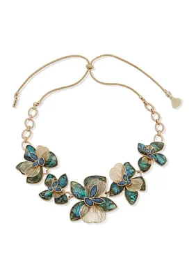 Gold Tone 26" Blue Green Flower Frontal Necklace