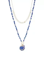 Gold Tone Dark Blue Beaded Multi Row Pendant Necklace