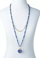 Gold Tone Dark Blue Beaded Multi Row Pendant Necklace