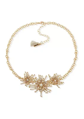 Gold Tone White Pearl Stone Frontal Necklace