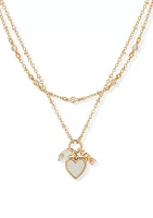 Gold Tone White 2 Row Heart Pendant Necklace