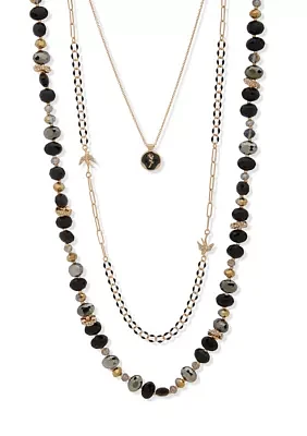 Gold Tone Black Beaded Multi Row Necklace