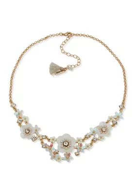 Gold Tone White Flower Cluster Frontal Necklace