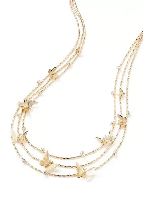 Gold Tone Crystal Butterfly 3 Row Necklace