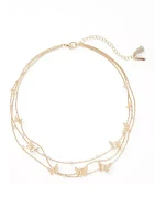 Gold Tone Crystal Butterfly 3 Row Necklace