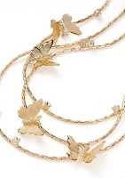 Gold Tone Crystal Butterfly 3 Row Necklace