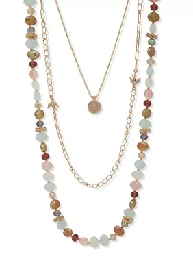 Gold Tone Multi Beaded Multirow Necklace