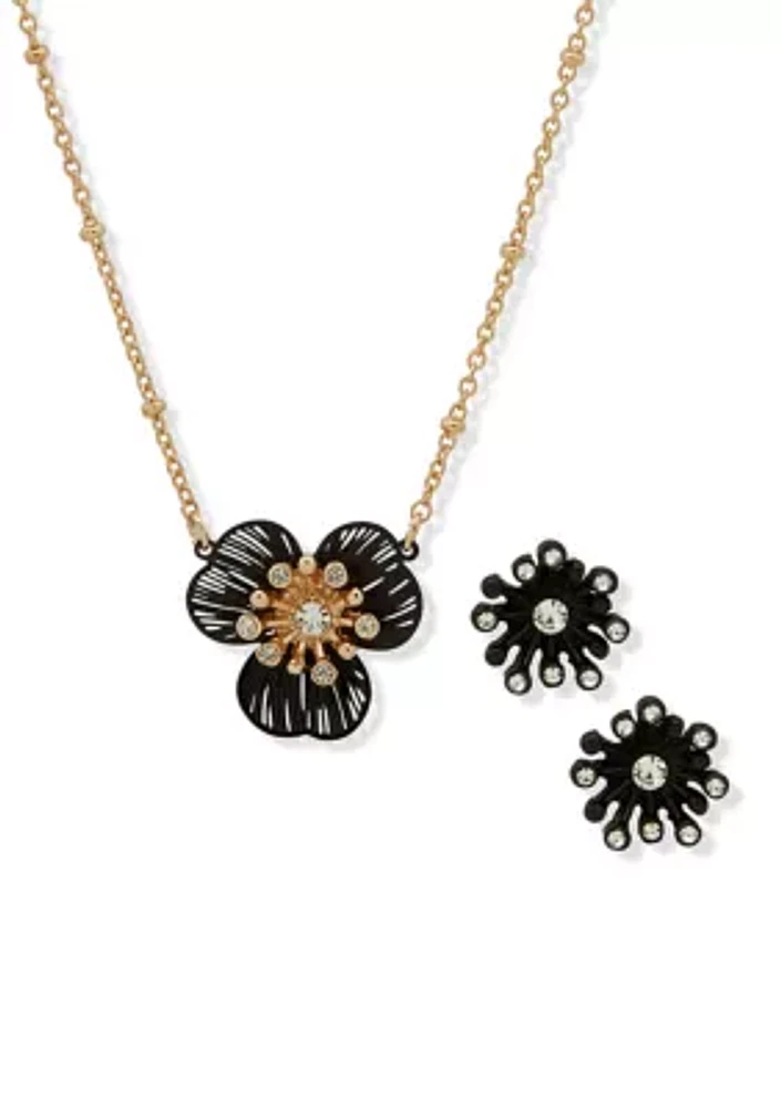 Gold Tone Flower Earrings and Necklace Set