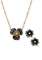 Gold Tone Flower Earrings and Necklace Set