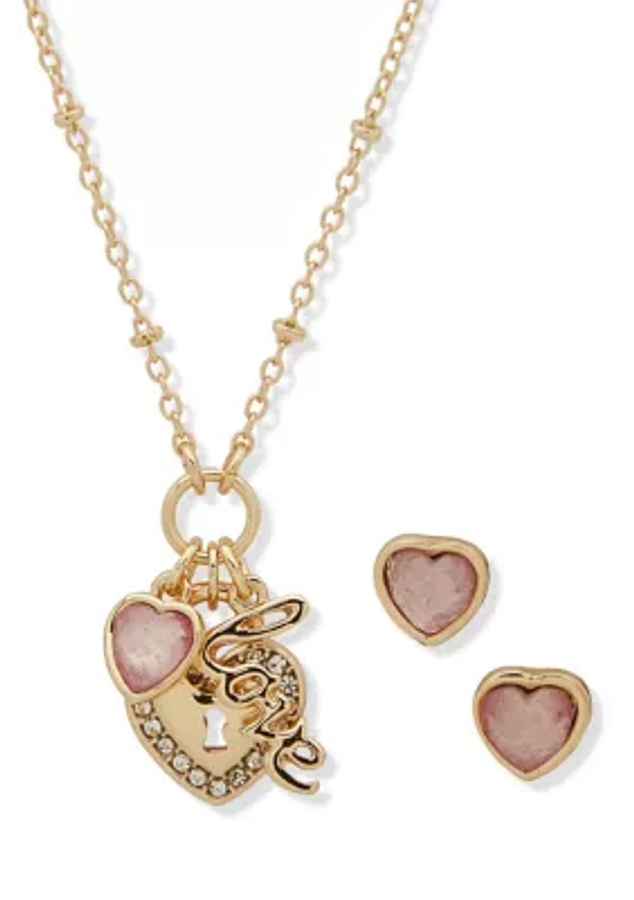 Gold Tone Crystal Heart Earrings and Necklace Set