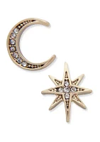 Gold Tone Crystal Moon & Star Stud Earrings