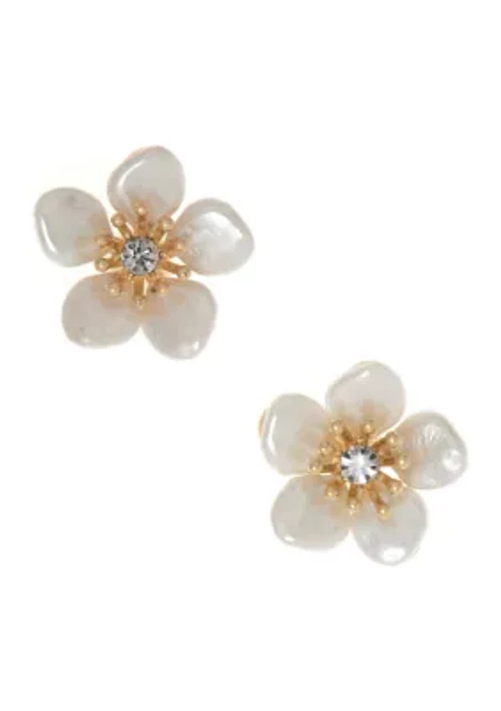 Gold Tone White Flower Stud Earrings