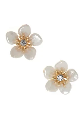 Gold Tone White Flower Stud Earrings