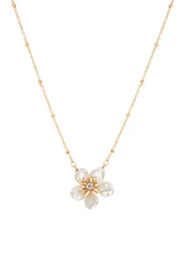 Gold Tone 16" White and Crystal Flower Pendant Necklace