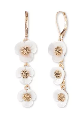 Gold Tone White Flower Linear Earrings