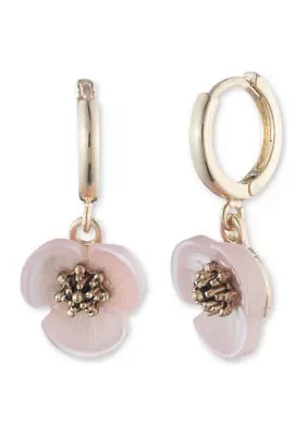 Gold Tone Pink Flower Drop Off Hoop Earrings