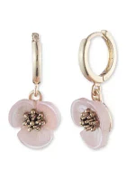 Gold Tone Pink Flower Drop Off Hoop Earrings