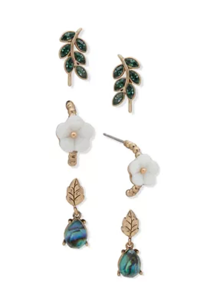 Gold Tone Green Flower Leaf Trio Earrings