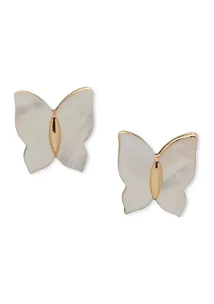 Gold Tone White Butterfly Stud Earrings