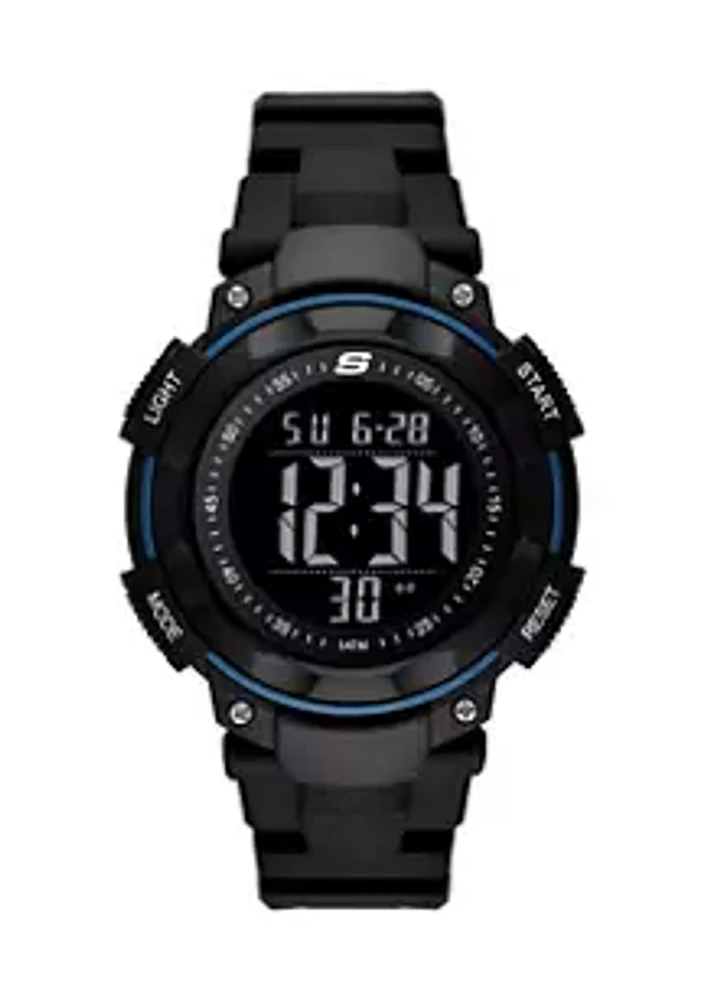 Skechers Ruhland 45 Millimeter Sport Digital Chronograph Watch with Plastic Strap and Case, Black and Blue