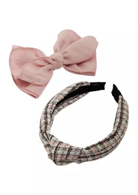 2 Piece Tweed Headband & Bow Hair Clip Set