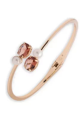 Gold Tone Pink Pearl Bypass Bangle Bracelet