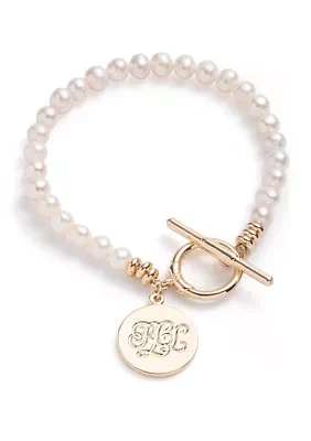 Gold Tone 7.25'' White Fresh Water Pearl Logo Flex Bracelet