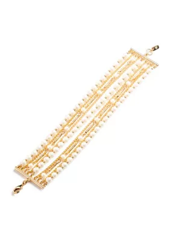 Gold Tone White Multirow Flex Bracelet