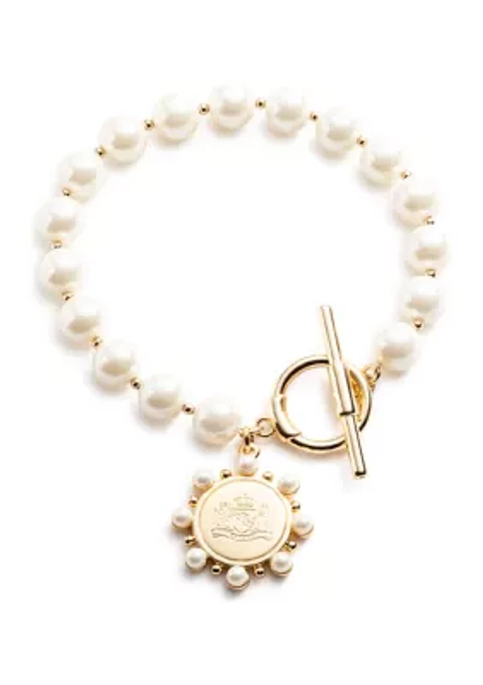 Gold Tone Pearl Coin Flex Bracelet