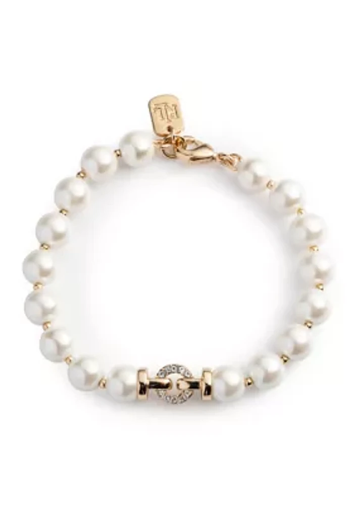 Gold Tone White Pearl Flex Bracelet